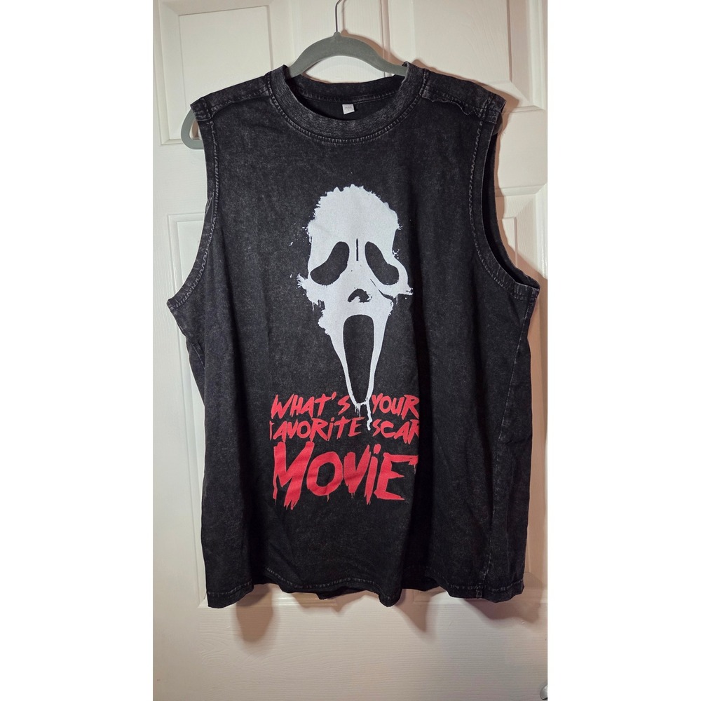 Scream Ghostface Muscle Tee Mens Large Black Acid Wash Whats Your Favorite Movie